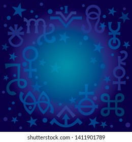 Astrological diadem — the excerpt of some recent astrological signs and occult mystical symbols. 
Astrological pattern, blueprint celestial background with stars.