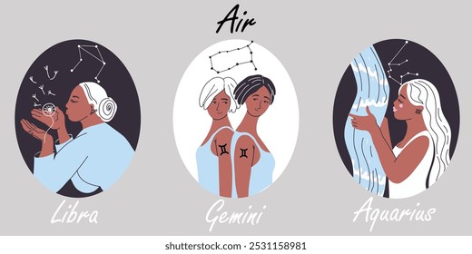 Astrological element air zodiac signs vector illustration. Set of horoscope icons: libra, gemini, aquarius. Astrology women fashion symbols, women, girls. Hand raw vector flat vector illustration. 