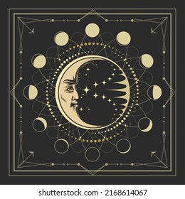 Astrological Emblem of Crescent Moon and Circle of Lunar Phases isolated on Black background. Vector Illustration.