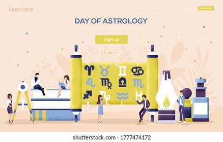 Volante de concepto de equipo astrológico, banner web, encabezado ui, entrar en el sitio. Carácter de personas con elementos alrededor del fondo del equipo astrológico. Textura del grano y efecto de ruido.