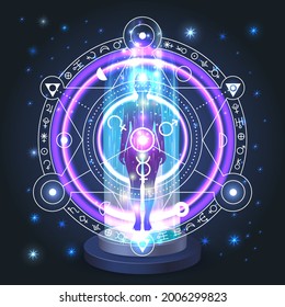 astrological esoteric image of the human body, portal with achemical circle and signs of the planets, the concept of rebirth and reincarnation, magical mystical teleport