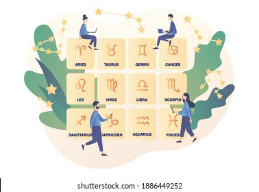 Astrological forecast. Zodiac, celestial coordinate system, stars and constellations. Astrology science concept. Tiny people astrologers. Modern flat cartoon style. Vector illustration 