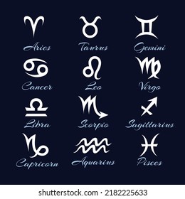 Astrological Glyphs. Astrology Symbols, Libra Sagittarius Archer Cancer Pisces Scorpion Zodiac Leo Virgo Aries Glyph Signs, Horoscope Dates Symbols, Vector Illustration