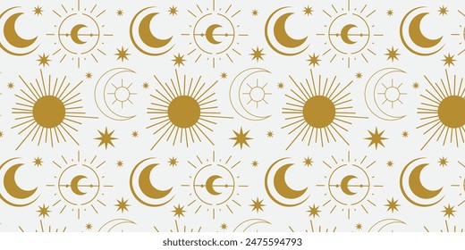 Astrological Gold Pattern: A beautiful astrological pattern with gold celestial elements on a white backdrop. Suitable for use in tarot cards, astrology-themed designs, and more.