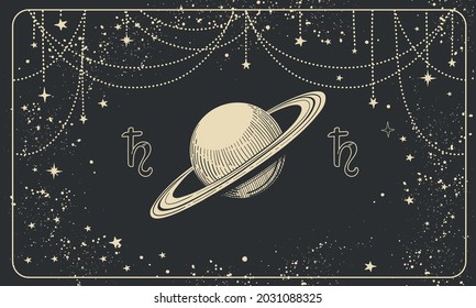 Astrological horizontal banner with planet Saturn and cosmic black background, tarot divination illustration, vintage design. Vector postcard with astrological symbol.