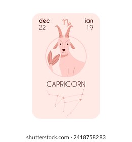 Astrological Horoscope card with Capricorn zodiac constellation, birth date, sign and symbol. Zodiac icon goat head with horns. Flat Horoscope beige colors design vector illustration