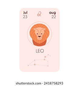 Astrological Horoscope card with Lion zodiac constellation, birth date, sign and symbol. Zodiac icon Leo head with mane. Flat Horoscope beige colors design vector illustration