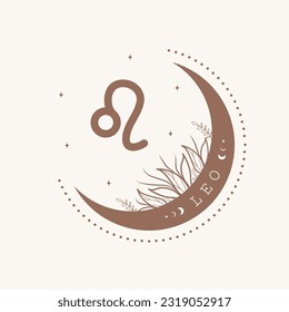 Astrological Leo zodiac sign. Horoscope icon in boho minimalist style. Mystic vector illustration. Spiritual tarot card. Hand drawn magic vintage logo.