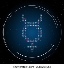 The astrological mercury symbol filled with white dots. Pointillism style. Some dots is red. Vector illustration on blue background with stars