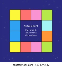 Astrological natal  chart, the with planets in the houses, with color background, zodiac signs and planets. Astrology. Southern style. Vector illustration.