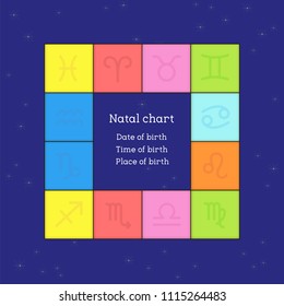 Astrological natal  chart, the with planets in the houses, with color background, zodiac signs and planets. Horoscope. Vector illustration.