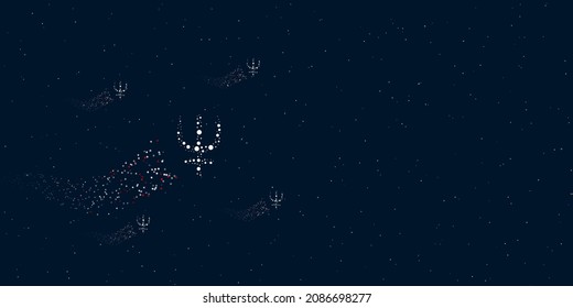A astrological neptune symbol filled with dots flies through the stars leaving a trail behind. There are four small symbols around. Vector illustration on dark blue background with stars