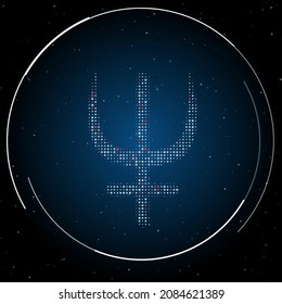 The astrological neptune symbol filled with white dots. Pointillism style. Some dots is red. Vector illustration on blue background with stars
