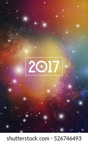 Astrological New Year 2017 Greeting Card or Calendar Cover on Cosmic Background.