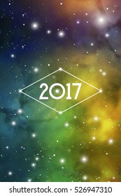 Astrological New Year 2017 Greeting Card or Calendar Cover on Cosmic Background.