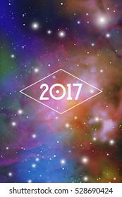 Astrological New Year 2017 Greeting Card or Calendar Cover on Cosmic Background.