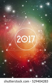 Astrological New Year 2017 Greeting Card or Calendar Cover on Cosmic Background. Sacred Geometry Christmas Vector Design with Space Backdrop.