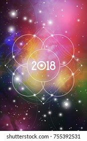 Astrological New Year 2018 Cosmic Greeting Card or Calendar Cover with Sacred Geometry Flower of Life Art and Golden Ratio Digits on Space Background with Flux elements.