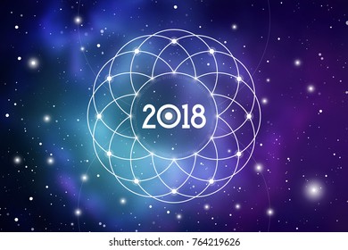 Astrological New Year 2018 Cosmic Greeting Card or Calendar Cover with Sacred Geometry Flower of Life Art and Golden Ratio Digits on Space Background