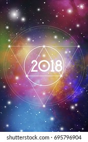 Astrological New Year 2018 Greeting Card or Calendar Cover on Cosmic Blue and Purple Background. Sacred Geometry Christmas Vector Design with Space Backdrop.