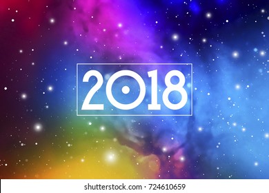 Astrological New Year 2018 Greeting Card or Calendar Cover on Cosmic Background.