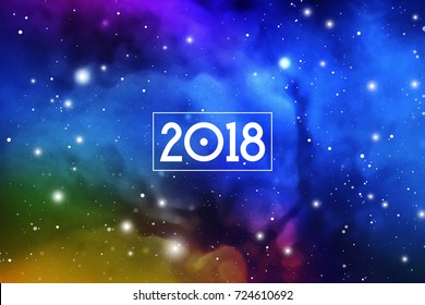 Astrological New Year 2018 Greeting Card or Calendar Cover on Cosmic Background.