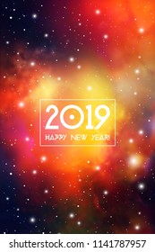 Astrological New Year 2019 Greeting Card or Calendar Cover on Cosmic Background.