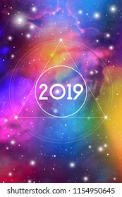 Astrological New Year 2019 Greeting Card or Calendar Cover on Cosmic Background.