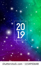 Astrological New Year 2019 Greeting Card or Calendar Cover on Cosmic Background.