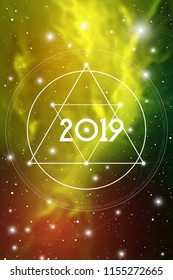 Astrological New Year 2019 Greeting Card or Calendar Cover on Cosmic Background.
