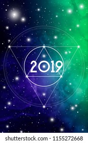 Astrological New Year 2019 Greeting Card or Calendar Cover on Cosmic Background.