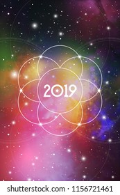 Astrological New Year 2019 Greeting Card or Calendar Cover on Cosmic Background.