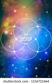 Astrological New Year 2019 Greeting Card or Calendar Cover on Cosmic Background.