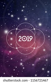 Astrological New Year 2019 Greeting Card or Calendar Cover on Cosmic Background.