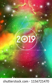 Astrological New Year 2019 Greeting Card or Calendar Cover on Cosmic Background.