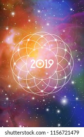 Astrological New Year 2019 Greeting Card or Calendar Cover on Cosmic Background.