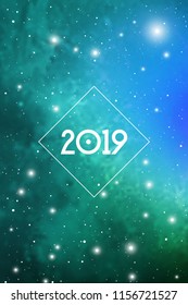 Astrological New Year 2019 Greeting Card or Calendar Cover on Cosmic Background.