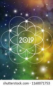 Astrological New Year 2019 Greeting Card or Calendar Cover on Cosmic Background.