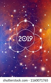 Astrological New Year 2019 Greeting Card or Calendar Cover on Cosmic Background.