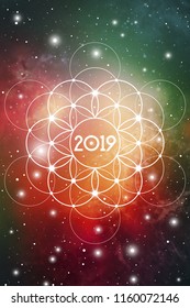 Astrological New Year 2019 Greeting Card or Calendar Cover on Cosmic Background.