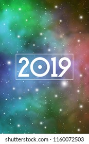 Astrological New Year 2019 Greeting Card or Calendar Cover on Cosmic Background.