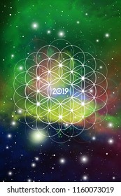Astrological New Year 2019 Greeting Card or Calendar Cover on Cosmic Background.
