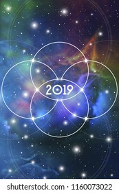 Astrological New Year 2019 Greeting Card or Calendar Cover on Cosmic Background.
