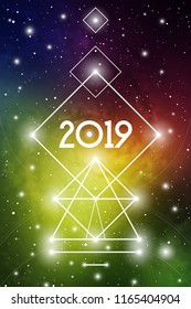Astrological New Year 2019 Greeting Card or Calendar Cover on Cosmic Background.