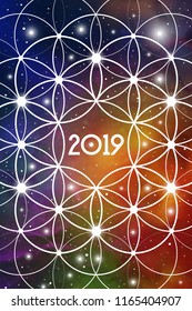 Astrological New Year 2019 Greeting Card or Calendar Cover on Cosmic Background inside on Flower of Life sacred geometry interlocking circles symbol.