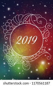 Astrological New Year 2019 Greeting Card or Calendar Cover on Cosmic Background inside of elegant ethnic style frame with zen doodle oriental ornament.