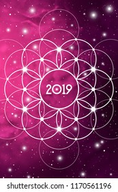 Astrological New Year 2019 Greeting Card or Calendar Cover on Cosmic Background inside of Flower of Life sacred geometry interlocking circles symbol.
