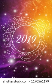 Astrological New Year 2019 Greeting Card or Calendar Cover on Cosmic Background inside of elegant ethnic style frame with zen doodle oriental ornament.