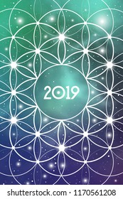 Astrological New Year 2019 Greeting Card or Calendar Cover on Cosmic Background inside of Flower of Life sacred geometry interlocking circles symbol.
