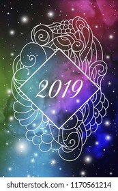 Astrological New Year 2019 Greeting Card or Calendar Cover on Cosmic Background inside of elegant ethnic style frame with zen doodle oriental ornament.